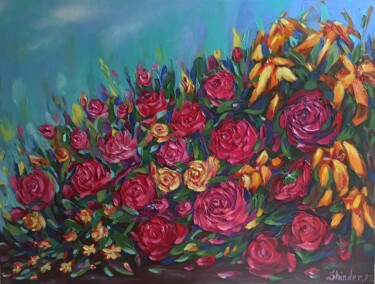 Painting titled "Roses Flower Origin…" by Svetlana Sindere, Original Artwork, Oil Mounted on Wood Stretcher frame