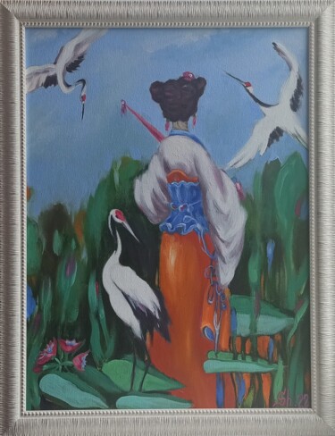 Painting titled "Japan Crane Origina…" by Svetlana Sindere, Original Artwork, Oil Mounted on Cardboard