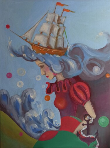Painting titled "Fantasy Ship Origin…" by Svetlana Sindere, Original Artwork, Oil Mounted on Wood Stretcher frame