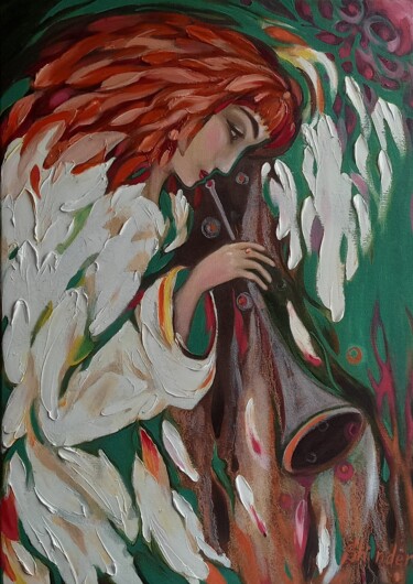 Schilderij getiteld "Angel Original Oil…" door Svetlana Sindere, Origineel Kunstwerk, Olie Gemonteerd op Frame voor houten b…