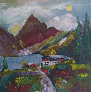Schilderij getiteld "Mountain landscape…" door Svetlana Sindere, Origineel Kunstwerk, Olie Gemonteerd op Karton