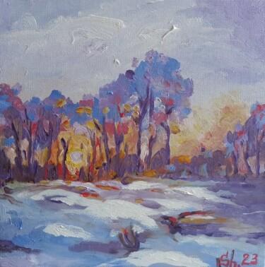 Painting titled "Sunrise Winter land…" by Svetlana Sindere, Original Artwork, Oil Mounted on Cardboard