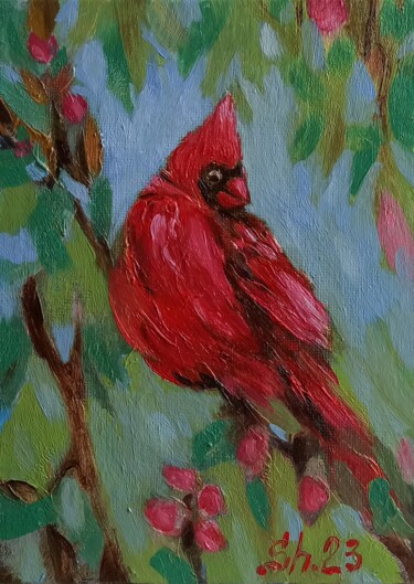 Peinture intitulée "Bird Сardinal Origi…" par Svetlana Sindere, Œuvre d'art originale, Huile Monté sur Carton