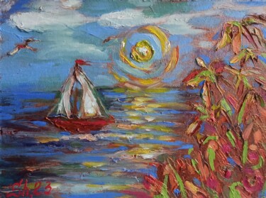 Malerei mit dem Titel "Sailboat Seascape S…" von Svetlana Sindere, Original-Kunstwerk, Öl Auf Karton montiert