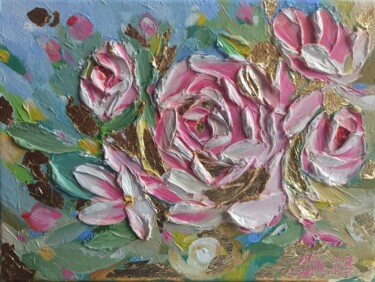 Malarstwo zatytułowany „Roses Flowers Origi…” autorstwa Svetlana Sindere, Oryginalna praca, Olej Zamontowany na Drewniana ra…