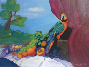 Painting titled "Parrot Fruits Moder…" by Svetlana Sindere, Original Artwork, Oil Mounted on Cardboard