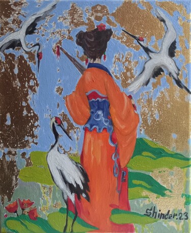 Schilderij getiteld "Japan Painting Woma…" door Svetlana Sindere, Origineel Kunstwerk, Olie Gemonteerd op Frame voor houten…