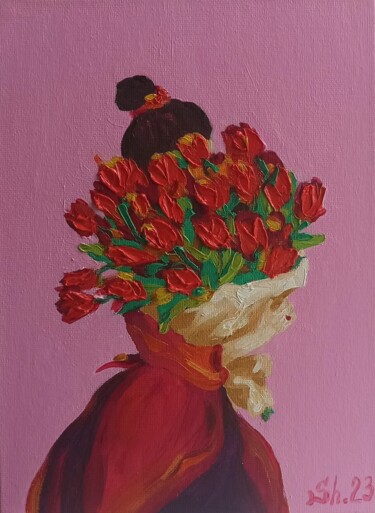 Peinture intitulée "Girl Flowers Tulips…" par Svetlana Sindere, Œuvre d'art originale, Huile Monté sur Carton