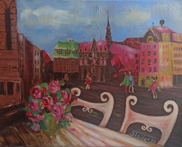 Painting titled "Сityscape Сity Riga…" by Svetlana Sindere, Original Artwork, Oil Mounted on Wood Stretcher frame