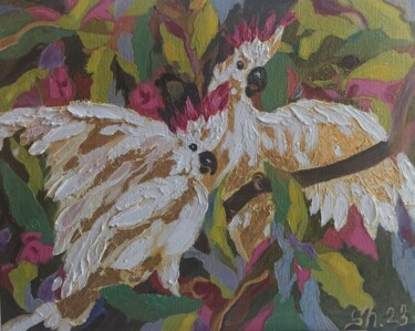 Pittura intitolato "Parrots Painting Bi…" da Svetlana Sindere, Opera d'arte originale, Olio Montato su Cartone
