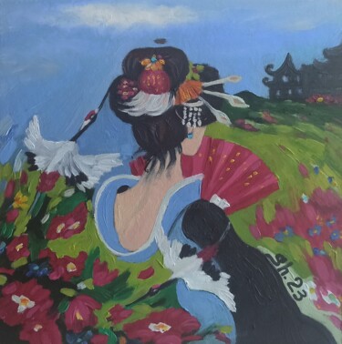 Painting titled "Japan Painting Woma…" by Svetlana Sindere, Original Artwork, Oil Mounted on Cardboard