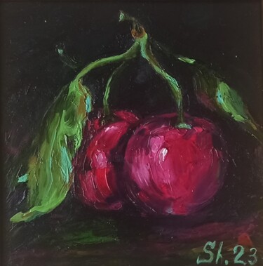 Painting titled "Сherry Fruits Origi…" by Svetlana Sindere, Original Artwork, Oil Mounted on Cardboard