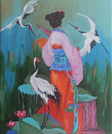 Painting titled "Japan Painting Woma…" by Svetlana Sindere, Original Artwork, Oil Mounted on Wood Stretcher frame