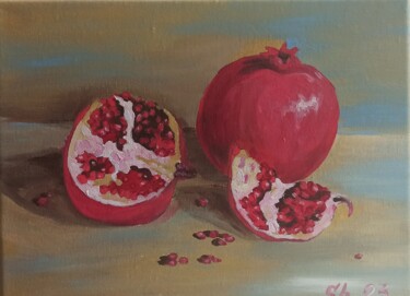 Painting titled "Pomegranate Fruits…" by Svetlana Sindere, Original Artwork, Oil Mounted on Wood Stretcher frame