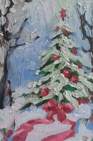 Painting titled "New Year painting C…" by Svetlana Sindere, Original Artwork, Oil Mounted on Cardboard