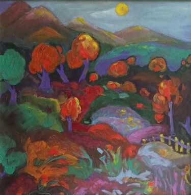 Pittura intitolato "Тrees Painting, Lan…" da Svetlana Sindere, Opera d'arte originale, Olio Montato su Cartone