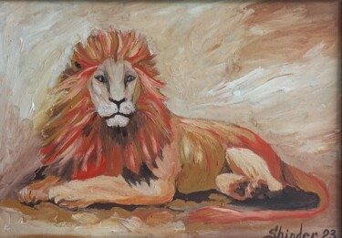 Painting titled "Lion Painting Anima…" by Svetlana Sindere, Original Artwork, Oil Mounted on Cardboard