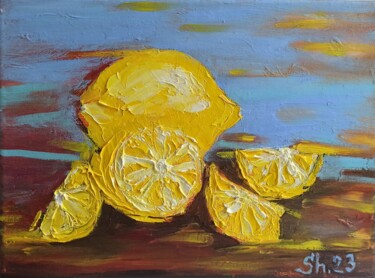 Malarstwo zatytułowany „Lemons Painting Fru…” autorstwa Svetlana Sindere, Oryginalna praca, Olej Zamontowany na Drewniana ra…
