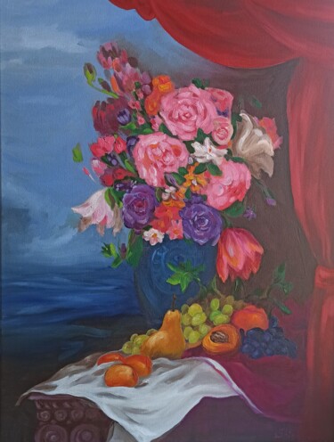 Painting titled "Flowers Roses Lilie…" by Svetlana Sindere, Original Artwork, Oil Mounted on Wood Stretcher frame