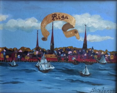 Painting titled "Сityscape Old Riga…" by Svetlana Sindere, Original Artwork, Oil Mounted on Cardboard