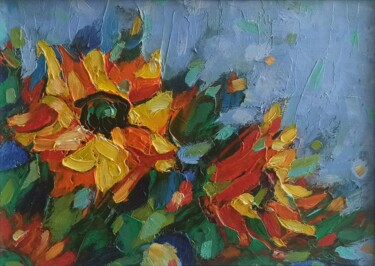 Painting titled "Sunflowers Painting…" by Svetlana Sindere, Original Artwork, Oil Mounted on Cardboard