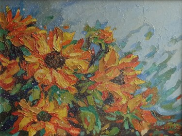 Painting titled "Sunflower Painting…" by Svetlana Sindere, Original Artwork, Oil Mounted on Cardboard