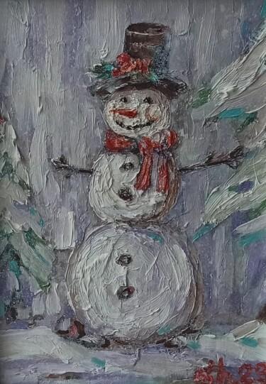 Pintura intitulada "Snowman Painting Wi…" por Svetlana Sindere, Obras de arte originais, Óleo Montado em Cartão