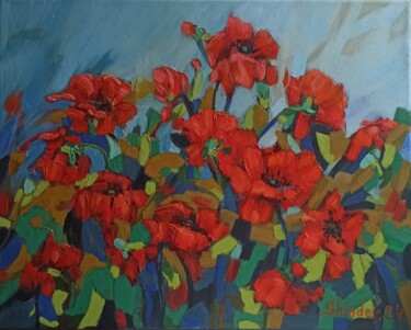 Painting titled "Poppy Painting Flow…" by Svetlana Sindere, Original Artwork, Oil Mounted on Wood Stretcher frame
