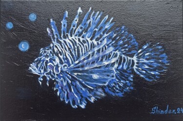 Painting titled "Fish Painting Lionf…" by Svetlana Sindere, Original Artwork, Oil Mounted on Wood Stretcher frame