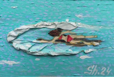 Painting titled "Swimming Girl 3D Oi…" by Svetlana Sindere, Original Artwork, Oil Mounted on Cardboard