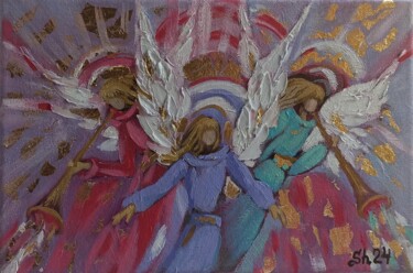 Painting titled "Angels with Trumpet…" by Svetlana Sindere, Original Artwork, Oil Mounted on Wood Stretcher frame
