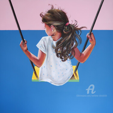 Painting titled "GIRL ON A SWING at…" by Svetlana Iskoskikh, Original Artwork, Acrylic Mounted on Wood Stretcher frame