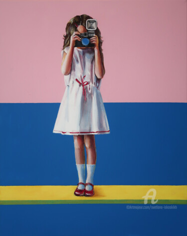 Painting titled "Photo hunt, girl on…" by Svetlana Iskoskikh, Original Artwork, Acrylic Mounted on Wood Stretcher frame