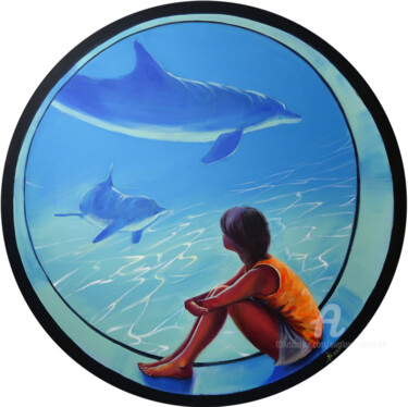Malarstwo zatytułowany „Girl and a Dolphin” autorstwa Svetlana Iskoskikh, Oryginalna praca, Akryl Zamontowany na Drewniana r…