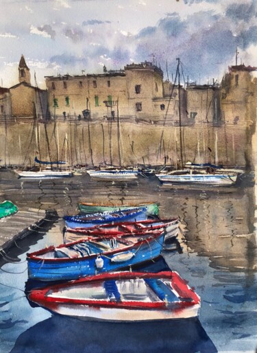 Картина под названием "Boats at old marina…" - Svetlana Kostina, Подлинное произведение искусства, Акварель