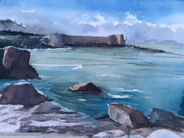 Drawing titled "Girne fortress view" by Svetlana Kostina, Original Artwork, Watercolor