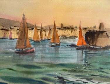 Painting titled "Orange sails" by Svetlana Kostina, Original Artwork, Watercolor