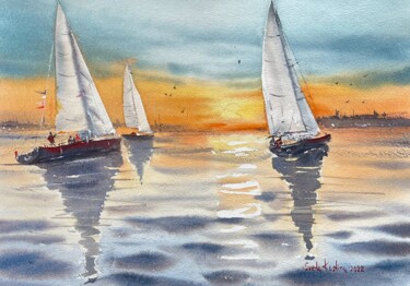 Malerei mit dem Titel "Boats at sunset" von Svetlana Kostina, Original-Kunstwerk, Aquarell
