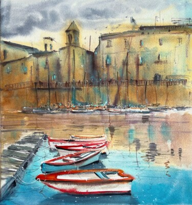 Painting titled "Boats in old marina…" by Svetlana Kostina, Original Artwork, Watercolor