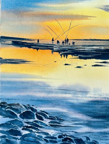 Painting titled "Fishermen, Cyprus" by Svetlana Kostina, Original Artwork, Watercolor