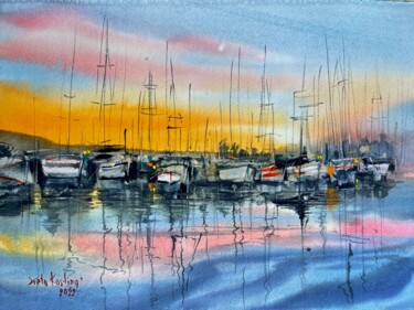 Pintura titulada "Yachts at sunset #1" por Svetlana Kostina, Obra de arte original, Acuarela