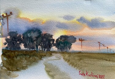 Картина под названием "Sunset , Cyprus fie…" - Svetlana Kostina, Подлинное произведение искусства, Акварель