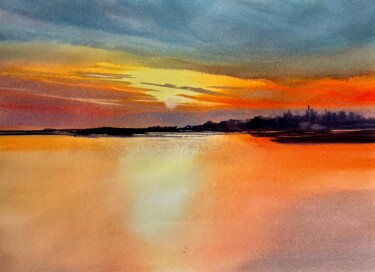 Картина под названием "Sunset over the lake" - Svetlana Kostina, Подлинное произведение искусства, Акварель