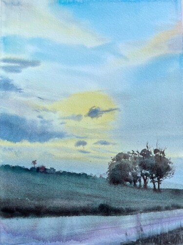 Peinture intitulée "Evening fields next…" par Svetlana Kostina, Œuvre d'art originale, Aquarelle