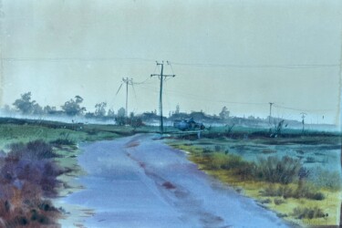 Pintura intitulada "Foggy morning, trac…" por Svetlana Kostina, Obras de arte originais, Aquarela