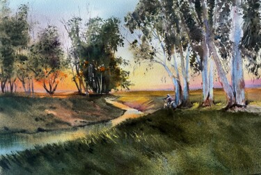 Painting titled "Evening stroll at s…" by Svetlana Kostina, Original Artwork, Watercolor
