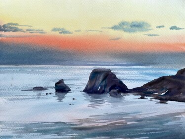 Painting titled "Sunset by the sea" by Svetlana Kostina, Original Artwork, Watercolor