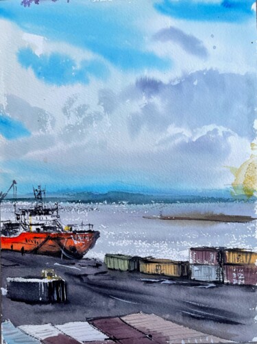 Картина под названием "In the port, Famagu…" - Svetlana Kostina, Подлинное произведение искусства, Акварель