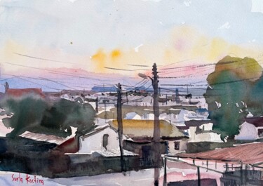 Картина под названием "Sunset over the vil…" - Svetlana Kostina, Подлинное произведение искусства, Акварель