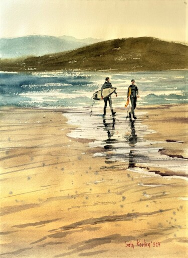 Pintura intitulada "Surfers" por Svetlana Kostina, Obras de arte originais, Aquarela